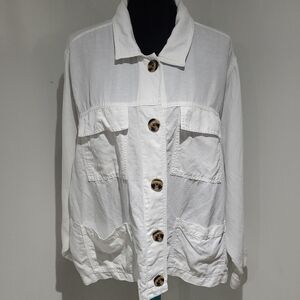 Nicole Miller Womens Oversized Linen Utility Chic Button Down Shirt Large White